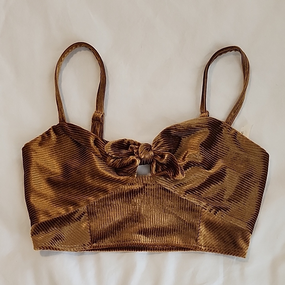 Free People Golden Brown Velvet Tie Front Crop Top - Picture 4 of 7